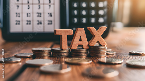 Tax season is here, with wooden letters spelling TAX placed on stack of coins, symbolizing financial planning and budgeting. calculator and calendar are in background