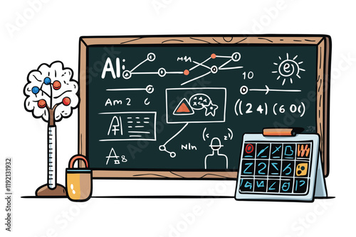 Chalkboard with AI and machine learning diagrams, showcasing innovative concepts and technology related visuals for educational purposes
