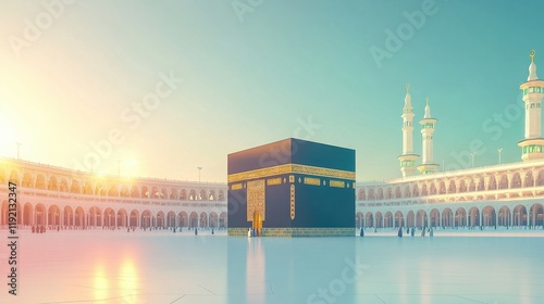 The Grand Mosque in Mecca at Sunrise: A Breathtaking View of the Kaaba and its Surroundings