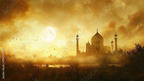 Majestic Taj Mahal sunset, India, birds flying, peaceful landscape, travel postcard