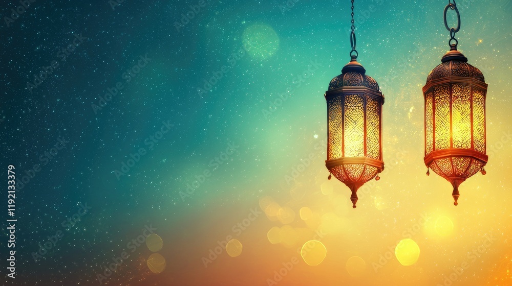 Festive lanterns glow at dusk, celebrating a holy occasion Festive lanterns glow at dusk, celebrating a holy occasion