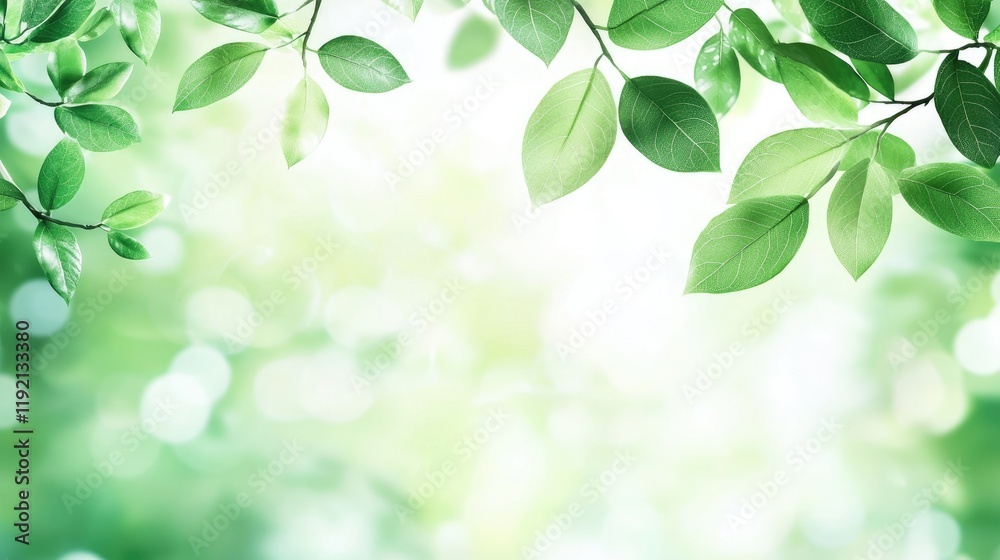 Lush green leaves frame sunny bokeh background; nature spring freshness banner Lush green leaves frame sunny bokeh background; nature spring freshness banner