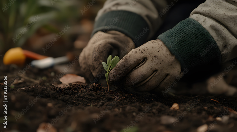 Fototapeta premium close up of child hand planting seedling in rich soil, showcasing joy of gardening and nurturing nature. gloves are dirty, reflecting hands on experience