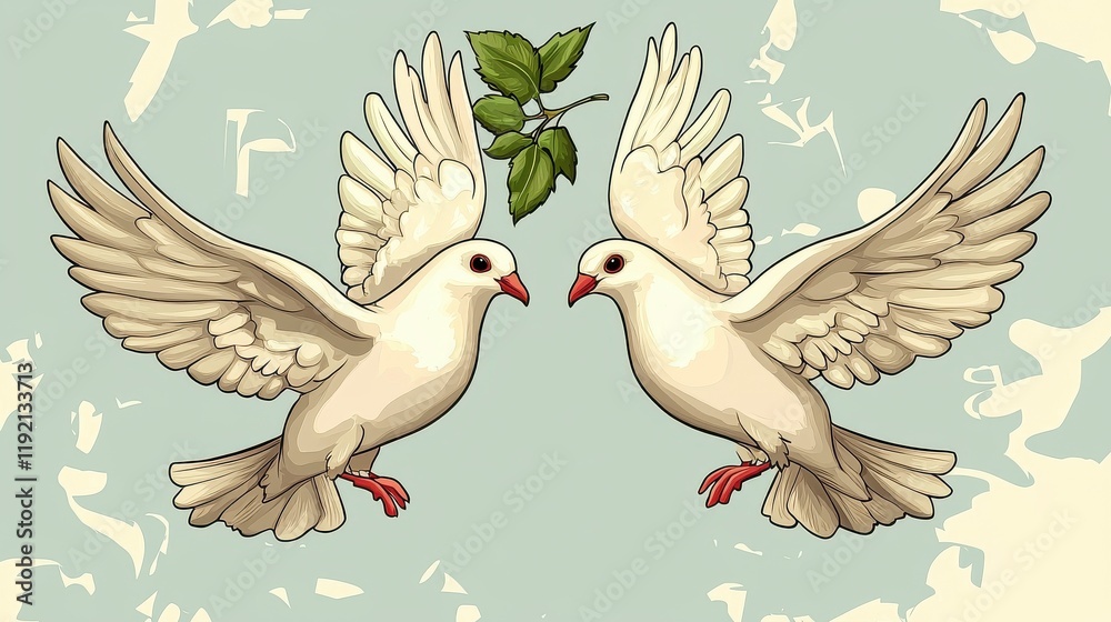 Obraz premium Two White Doves with Leaves on a Vintage Pastel Background