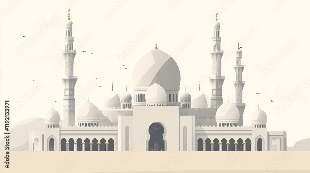 Obraz premium Minimalist Flat Design of a Mosque with Geometric Windows
