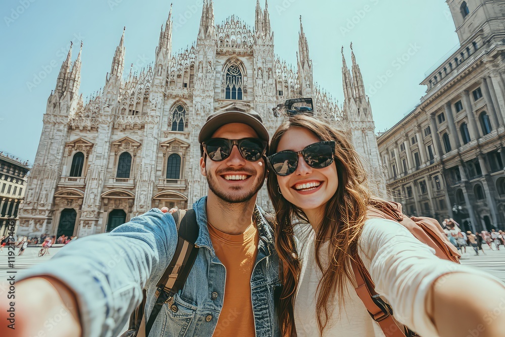 A pair of happy tourists in front of Milan’s Duomo Cathedral, taking a selfie on a bright summer day, enjoying their Italian adventure. = A pair of happy tourists in front of Milan’s Duomo Cathedral, taking a selfie on a bright summer day, enjoying their Italian adventure. =