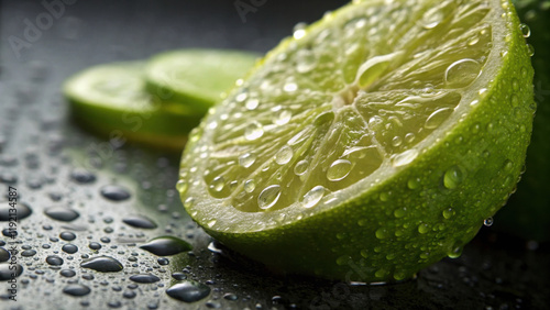 A close-up of fresh lime slices, glistening with water droplets on a dark surface, highlighting their vibrant green color and juicy texture.