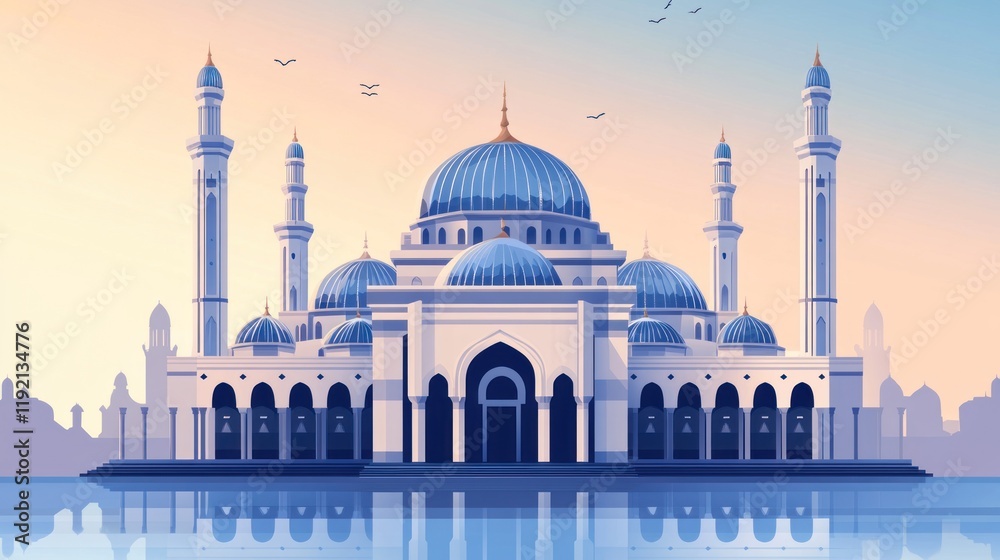 Naklejka premium Modern Vector Art of a Mosque with Symmetrical Arches and Domes