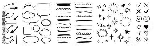 Line arrow hand drawn shape brush underline stroke element vector set. Hand drawn doodle sketch arrow, circle, star brush stroke scribble underline icon. Marker doodle sketch vector illustration