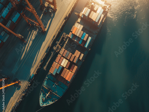 Aerial top down ultra wide photo with copy space of industrial cargo container ship loading in logistics terminal port. Logistics and transportation of Container