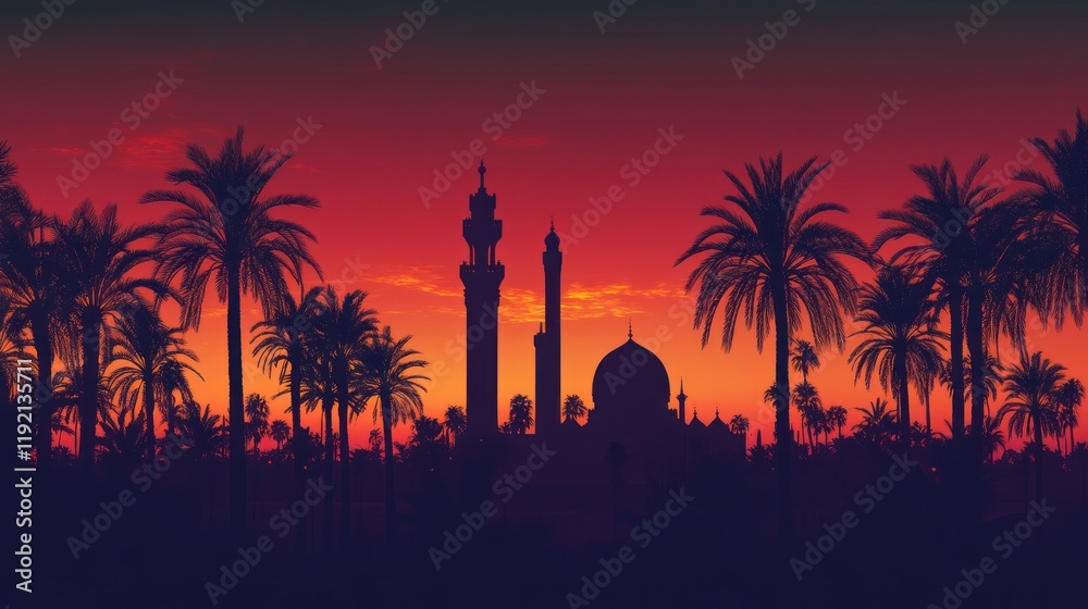 Obraz premium Serene Twilight View of Mosque Silhouettes Against Colorful Sky