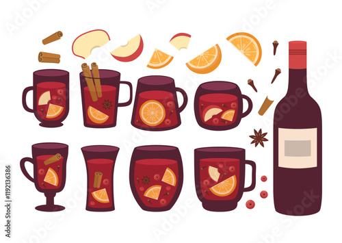 Mulled Wine Elements Set. Hot Alcohol Drink with Spices, Fruits and Berries.  Different Glasses Shapes. Flat Design.