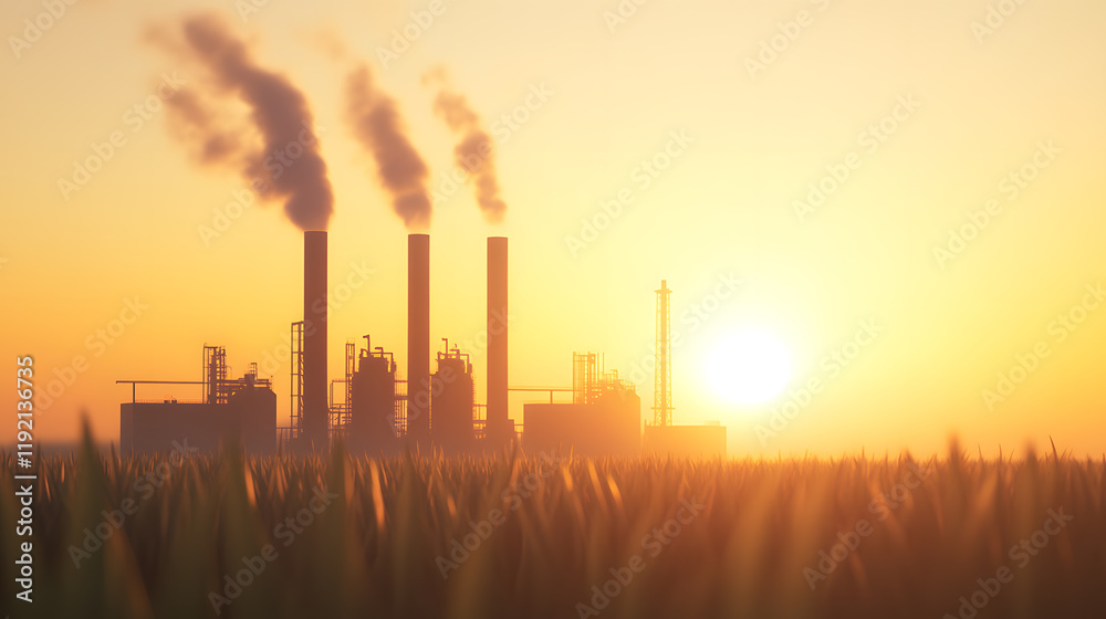 An eco-friendly biofuel plant situated in a picturesque environment, surrounded by a thriving ecosystem of trees and grasses. Smoke-free chimneys and polished machinery stand out, reflecting green An eco-friendly biofuel plant situated in a picturesque environment, surrounded by a thriving ecosystem of trees and grasses. Smoke-free chimneys and polished machinery stand out, reflecting green