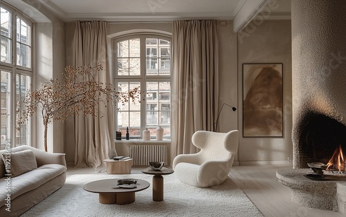 Wallpaper Mural Calm, neutral living room with fireplace, armchair, and large windows. Torontodigital.ca