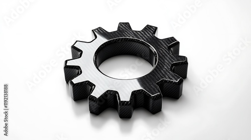 A shiny black carbon-fiber gear icon with subtle texture details, on a white background