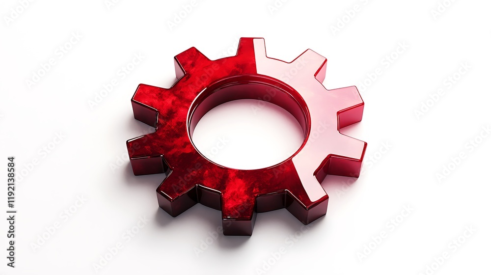 A shiny ruby-red gear icon with intricate textures, centered on a pure white background A shiny ruby-red gear icon with intricate textures, centered on a pure white background