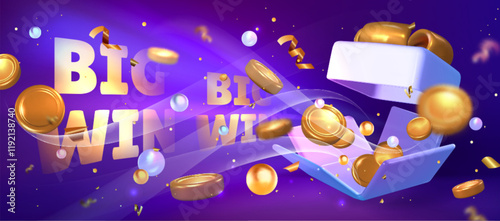 3d big win casino banner with open gift box exploding with golden coins on purple background. Gambling promotional design with floating monetary rewards, decorative pearls and metallic confetti.