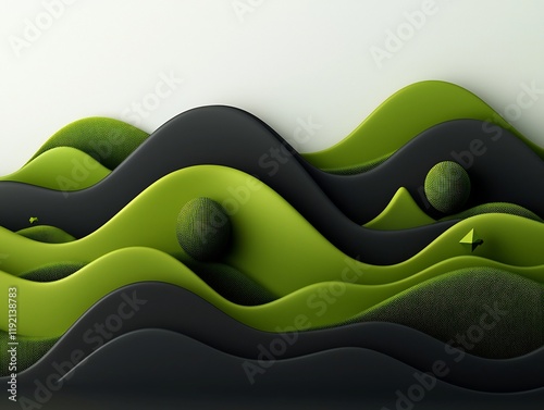 Surreal and Undulating 3D Landscape with Geometric Green Waves on Smooth White Backdrop photo