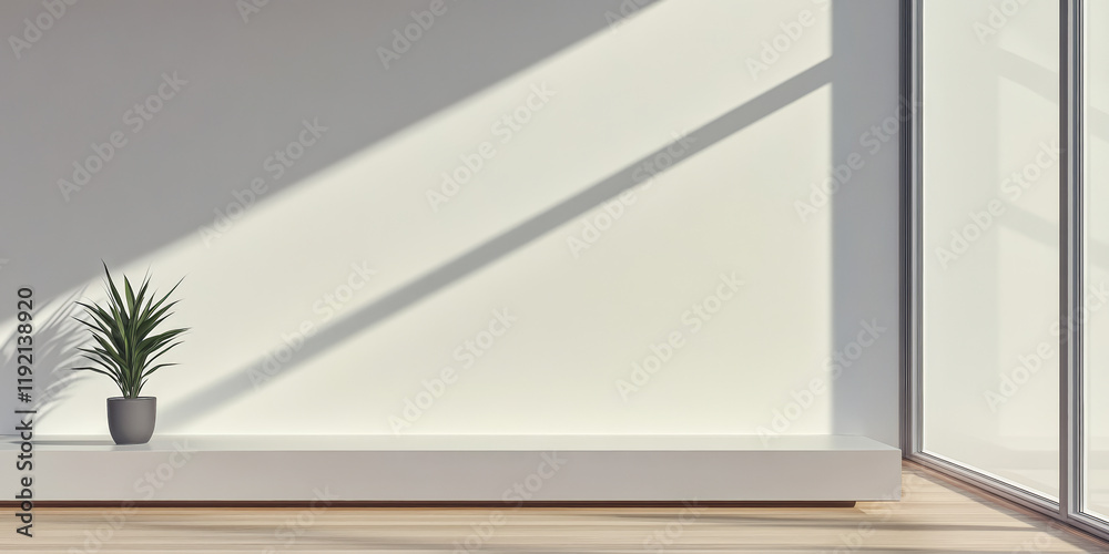 Fototapeta premium Bright and minimalist indoor space with plant and large windows casting shadows