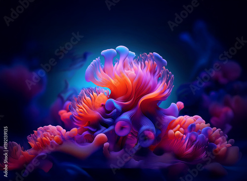 Intricate, vibrant coral-like formations in shades of orange, pink, and purple against a dark blue background.  The colors blend and swirl in a mesmerizing display. photo