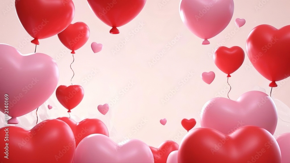 Valentine's Day C4D 3D Rendered Scene with Red and Pink Heart-Shaped Balloons Surrounding a Spacious Center on a Solid Background Valentine's Day C4D 3D Rendered Scene with Red and Pink Heart-Shaped Balloons Surrounding a Spacious Center on a Solid Background