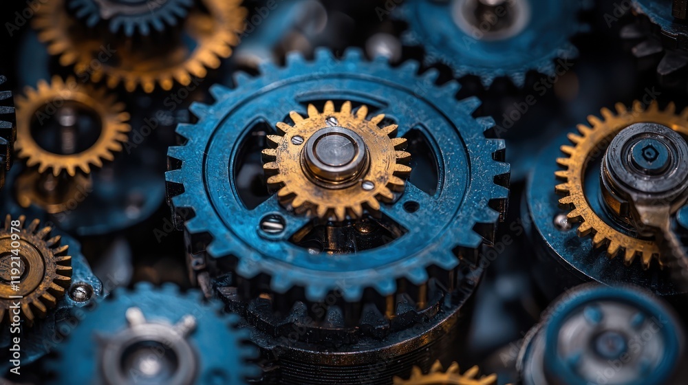 Intricate arrangement of metallic gears and cogs. Intricate arrangement of metallic gears and cogs.
