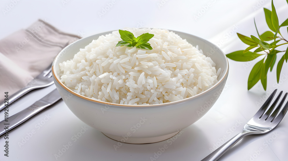bowl of plain steamed rice presented beautifully with fresh herb garnish bowl of plain steamed rice presented beautifully with fresh herb garnish