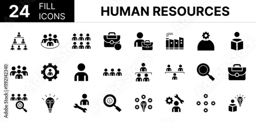 Collection of 24 Human resources fill icons featuring editable strokes. These outline icons depict various modes of Human resources, activity, approval, approved, associate, be of use, business, colla