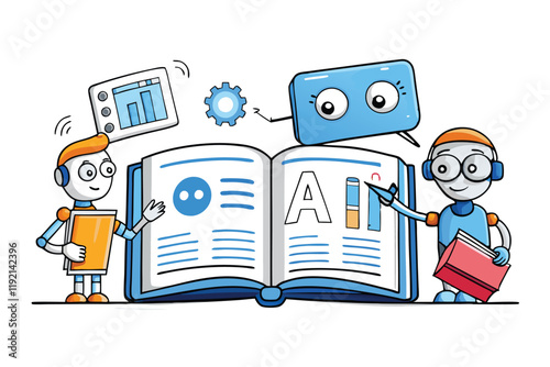 Creative Educational Illustration Featuring an Open Textbook, Robots, and Interactive AI Powered Learning Assistance