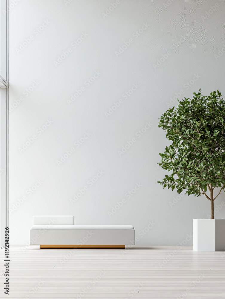 Fototapeta premium A bright and airy room showcases a sleek white bench and a vibrant indoor tree