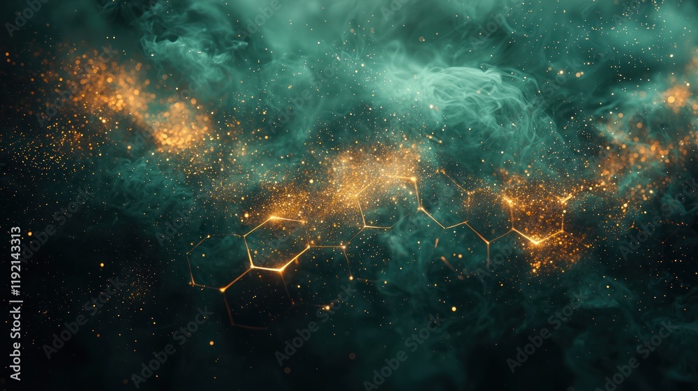 Fototapeta premium Abstract cosmic scene with glowing hexagonal patterns.