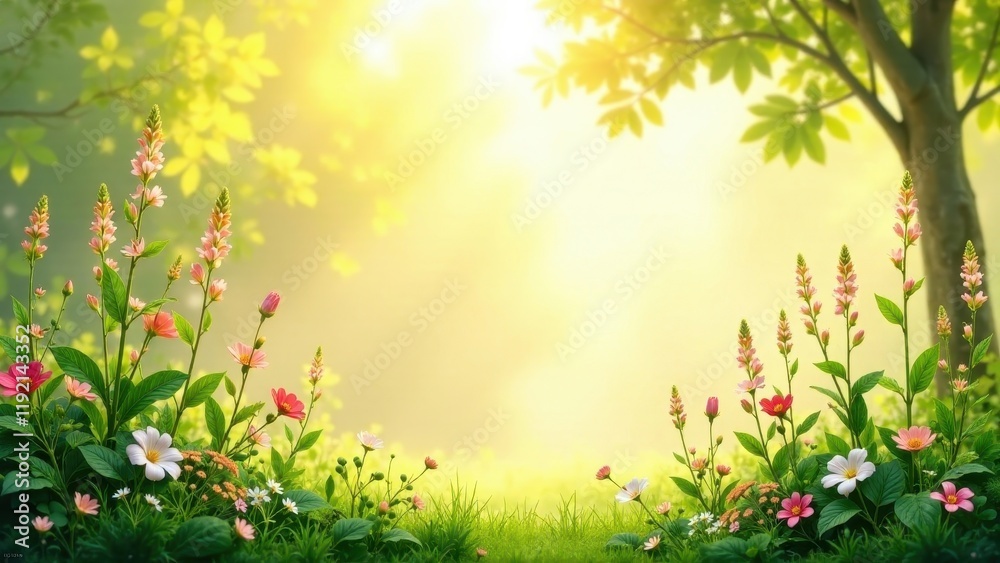 Obraz premium Serene springtime blossoms bathed in sunlight, creating a picturesque garden scene with vibrant flowers and lush greenery, perfect for peaceful backgrounds