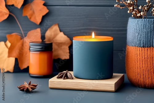 Warm glowing spice infused candle with flickering light highlighting the inviting details of a cozy hygge inspired living space featuring rustic wooden accents soft woolen fabrics photo