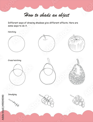 How to sketch. Pencil shading with different techniques. Hatching, Cross hatching and smudging worksheet. Set of various shapes and hand drawn texture.