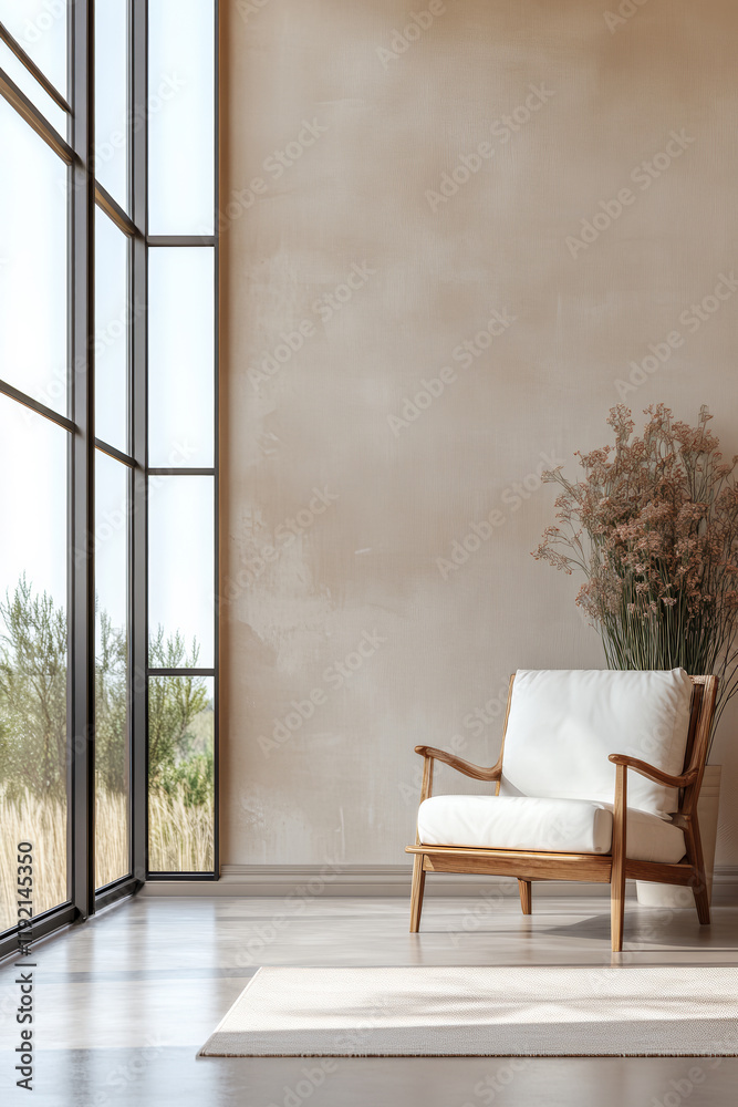 Obraz premium Modern living room with natural light and elegant dcor featuring a stylish armchair