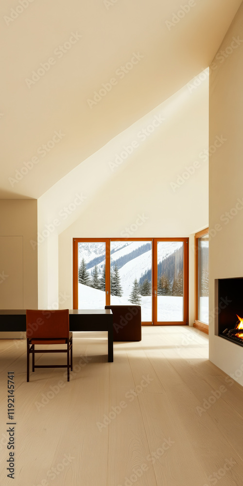 Fototapeta premium Modern interior design featuring a cozy fireplace and stunning snowy mountain view