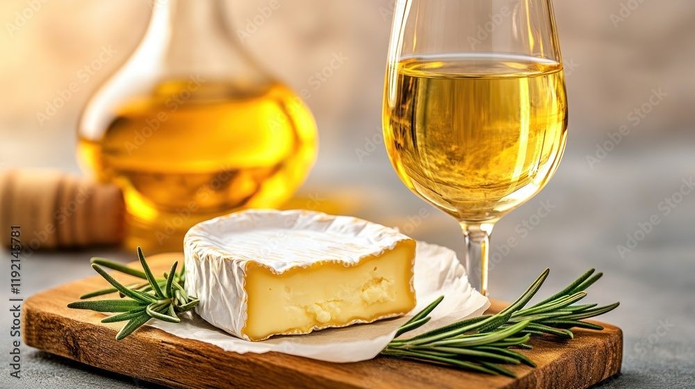 Winery Lunch: Cold White Wine and Oven-Baked Camembert Cheese with Rosemary on Wooden Plate Winery Lunch: Cold White Wine and Oven-Baked Camembert Cheese with Rosemary on Wooden Plate