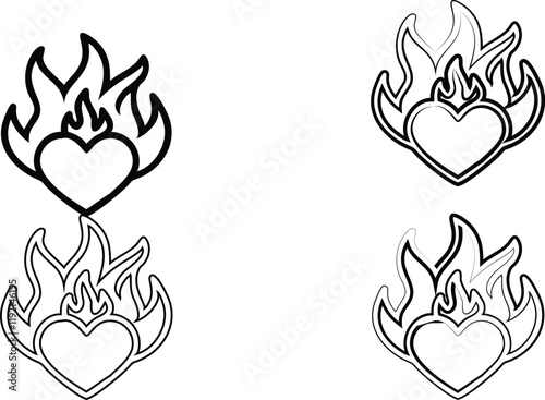 Black and white illustration, flaming heart icons, minimalist design, line art, symbolic love graphics, passionate emblems, fire-shaped hearts, valentines symbols, vector drawings, clean outlines, bur