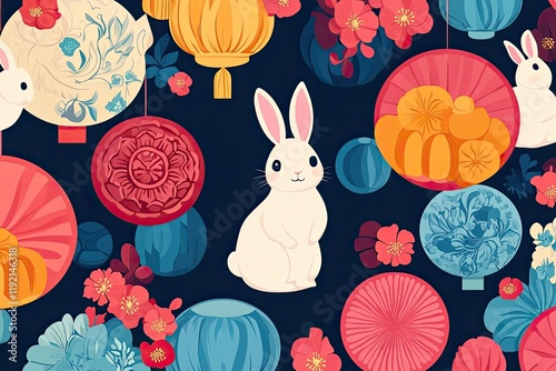 A playful animation of Mid-Autumn Festival icons like rabbits, mooncakes, and lanterns in a repeating pattern, celebrating the festive season. photo