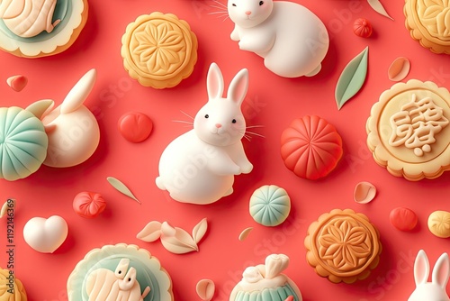 A playful animation of Mid-Autumn Festival icons like rabbits, mooncakes, and lanterns in a repeating pattern, celebrating the festive season. photo