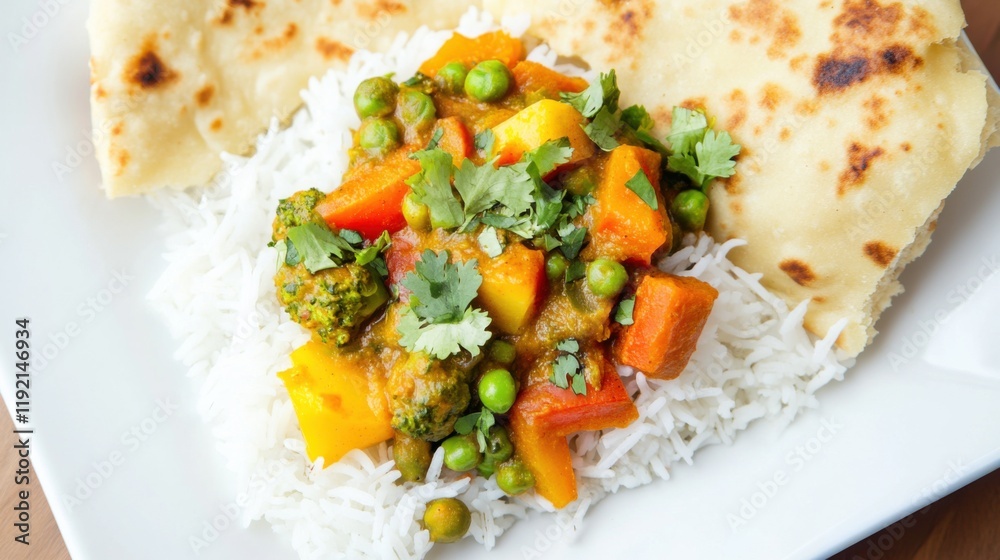 Vegetable curry with basmati rice, coriander, and naan bread on a white plate. Emphasizing vibrant and hearty nature, ideal for Indian cuisine and vegetarian recipes with a satisfying presentation. Vegetable curry with basmati rice, coriander, and naan bread on a white plate. Emphasizing vibrant and hearty nature, ideal for Indian cuisine and vegetarian recipes with a satisfying presentation.