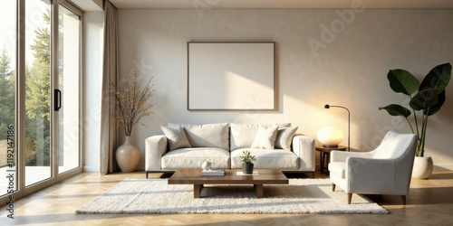 Serene Living Room Interior Design with Modern Sofa, Armchair, and Large Artwork