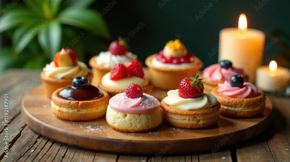 Assorted delectable miniature pastries arranged on a rustic wooden serving board, illuminated by soft candlelight, creating a charming and inviting dessert scene. Assorted delectable miniature pastries arranged on a rustic wooden serving board, illuminated by soft candlelight, creating a charming and inviting dessert scene.