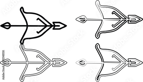 Archery symbols, bow and arrow icons, medieval weaponry designs, black and white line art, simple geometric shapes, stylized hunting emblems, vector graphics, minimalist heraldic imagery, ancient warf