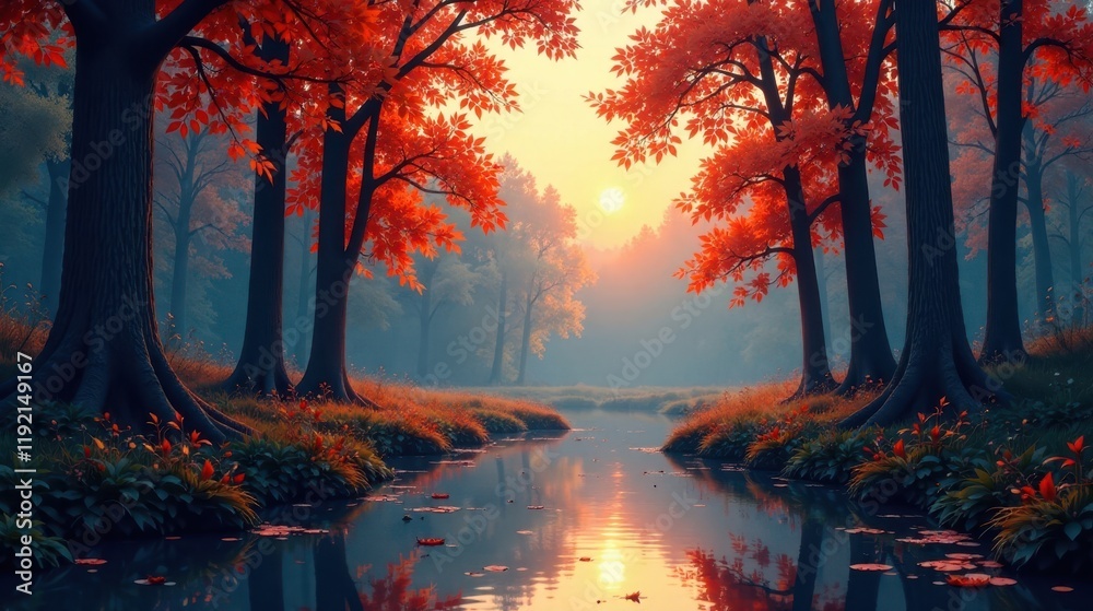 Fototapeta premium Serene Autumnal Stream Reflecting Sunset Glow Amidst Vibrant Red Foliage and Tranquil Forest