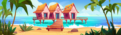 Tropical beach resort panorama - wooden bungalows with straw roofs on wooden pier over blue water, decorated with lifebuoy and festive flags, surrounded by palm trees. Seaside vacation scene