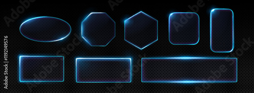 Neon glass frames collection with glowing blue light edges and transparent surfaces. Various geometric shapes - oval, rectangle, circle, hexagon with translucent effect. Futuristic interface design.