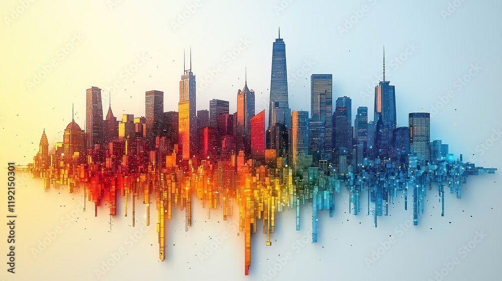 Fototapeta premium Colorful city skyline illustration with gradient effect.
