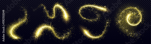 Gold glitter spiral collection with bright sparkle trails and magical stardust effects. Luminous curved paths with twinkling particles and radiant swirls for holiday decoration or enchanting design.