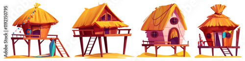 Tropical beach bungalow set - thatched roof stilt houses with wooden platforms and ladders. Summer coastal dwellings with surfboards, colorful flags, round windows for seaside resort design.